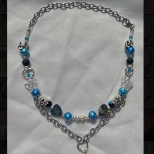 Handmade Blue Spill, Pearl Beaded Necklace
